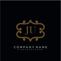 Initial letter JU logo luxury vector mark, gold color elegant classical