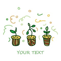 Colorful Flowers in pots on a white background. Potted flowers are drawn in doodle style. Decorative potted house plant sketch illustration for print, web, mobile, postcards, cover art.
