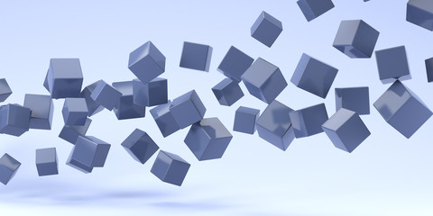 Flying shiny blue cubes on a blue background. 3d render illustration.