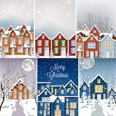 Big set of houses covered in snow in daylight and night. Merry christmas and moon. Holiday vector