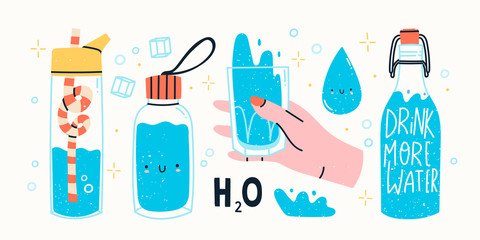 Drink more water. Glass only. Plastic free, zero waste concept. Various bottles, glass, flusk. Hand drawn cute trendy vector illustartion. All elements are isolated