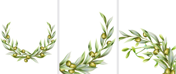 Big set of green olive wreath in random angles. Vector