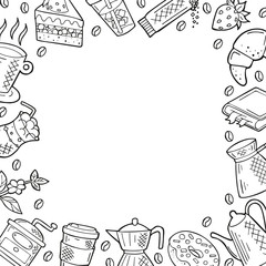 Hand drawn frame with coffee and dessert icons in doodle style. Black outline isolated on a white background. Cute template for coffee shop or cafe, menu, cards, banners. Vector illustration