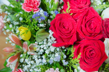Red flower picture close up in the bouquet. The flower's petal . Bouquet of fresh red, white , orange roses . bouquet of multicolored roses .