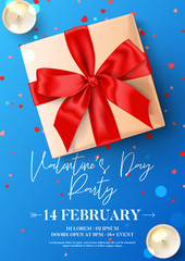 Happy Valentine's Day party flyer. Vector illustration with realistic gift box, candles and confetti on blue background. Invitation to nightclub.