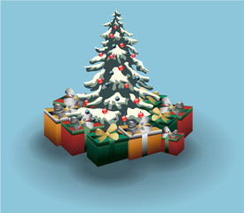 Christmas tree decorated with red and blue baubles. Colorful gift boxes nearby. Winter holidays vector.