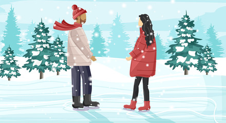 Young couple skating on ice rink outside in the park. Snow falling. Trees on background. Winter season vector