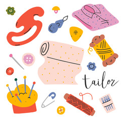 Collection of needlework cliparts, isolated hand drawn doodles, vector illustrations for workshop, tailor or sewing studio. Fabric, needle, chalk, threads and handmade blouse.