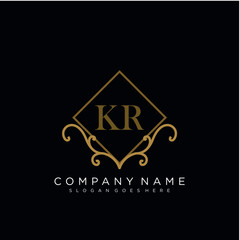 Initial letter KR logo luxury vector mark, gold color elegant classical