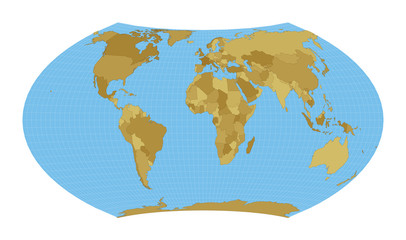 World Map. Wagner VII projection. Map of the world with meridians on blue background. Vector illustration.
