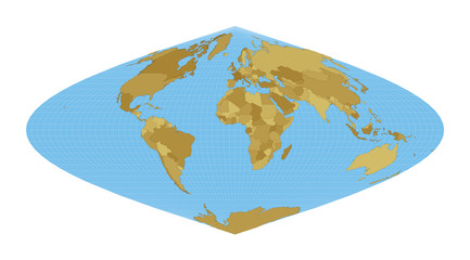 World Map. Sinusoidal projection. Map of the world with meridians on blue background. Vector illustration.