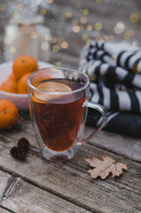 Cup of tea, christmas mood, cosy, lemon, breakfast, clementines, mandarin, christmas picture, bokeh, light, christmas lights