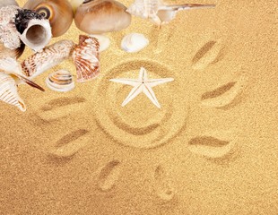 Fototapeta na wymiar Sea shells and star on beach sand background