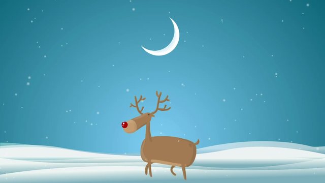 Cartoon Cute Deer with Santa in the sky on Snowy Blue Winter background with Greeting A Very Merry Christmas and Happy New Year text label card Animation