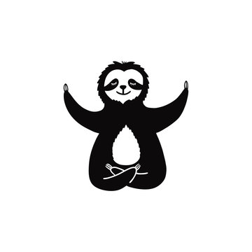 Cartoon sloth bear meditates in lotus position. Hand drawn cute doodle vector illustration.