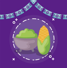 Fototapeta premium Mexican bowl and corn with banner pennant vector design