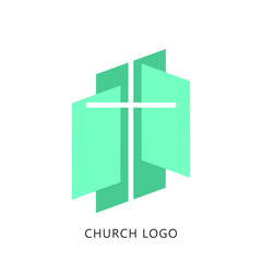 Church vector logo. Simple Christian symbol with geometrical element. The Cross of Jesus in blue color on white background.
