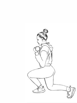 Woman doing exercises with dumbbells. Sport Sketch. Summer sport illustrations collection. Girl power. Active lifestyle concept. Feminism. A picture with free space for your text.
