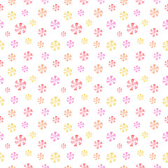 Polka dot seamless watercolor pattern. Striped sweet pink and yellow peppermint candies on white background for cute holiday design, textile, wrapping paper, greeting card, package, scrapbooking	