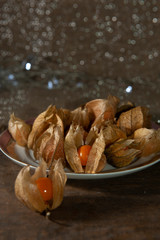 Decorative plate, with fruit physalis in focus, and other defocused. Dark background, color aged wood. Defocused white lights.Selective focus. Seen up close. Vertical.