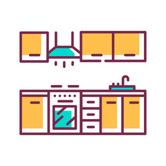 Kitchen interier color line icon. A room in the house used for cooking and food preparation. Pictogram for web page, mobile app, promo. UI UX GUI design element. Editable stroke