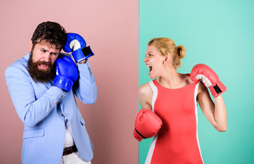 Complicated relationships. Couple romantic relationships. Man and woman boxing fight. Boxers...