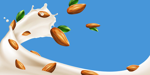 Almond Milk or yogurt swirl with beans on blue background, three dimentional vector milk splashing realistic illustration ready  for ads, labels and packaging desing uses