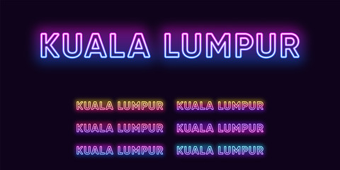 Fototapeta premium Neon Kuala Lumpur name, capital City in Malaysia. Neon text of Kuala Lumpur city. Vector set of glowing Headlines