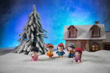 Traditional holiday attributes on snow. Creative artwork decorations. Empty space for your text