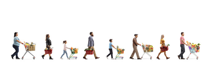 People with shopping carts and baskets in a queue bying food © Ljupco Smokovski