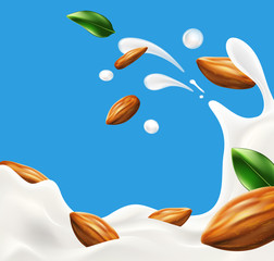 Naklejka premium Milk splash with almond beans vector illustration for ads, labels, and packaging design uses