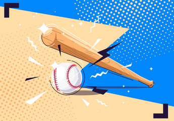 Vector illustration of baseball bat and baseball white ball, sports equipment for baseball game