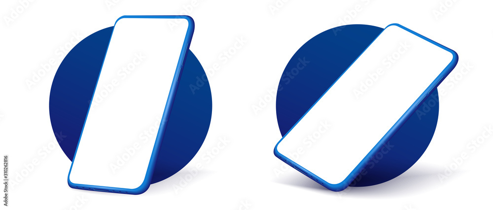 Poster Smartphone frame less blank screen. Mockup generic device. Vector realistic trends blue color smartphone template. Telephone frame with blank display isolated.  Mockup generic device. 3D phones