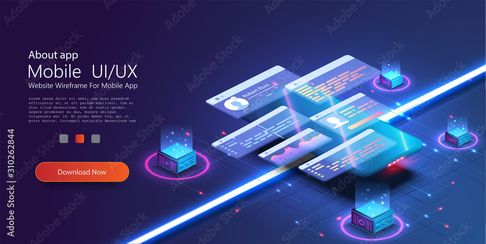 Poster Custom design for a mobile application, Ui UX design. Phone with a disassembled interface. Gradient background and digital graph chart thin line. Vector illustrate. Landing page template for the site.