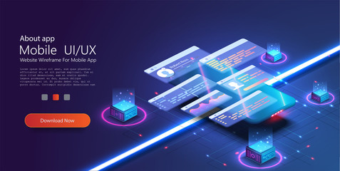 Custom design for a mobile application, Ui UX design. Phone with a disassembled interface. Gradient background and digital graph chart thin line. Vector illustrate. Landing page template for the site.