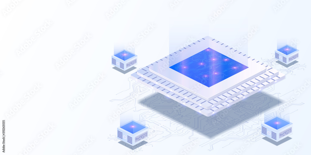 Fototapete Quantum computer, large data processing, server room, data base concept. Futuristic CPU. Quantum processor in the global computer network.  CPU isometric banner. Vector illustration