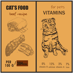 Packaging cats pets food and vitamins two banner set sketch vector illustration. Sketch hand drawn kitten, cat and nutrition facts for cats food.