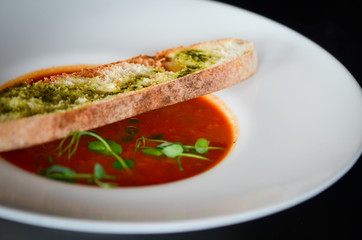 delicious tomatoes soup with toasted home made bread