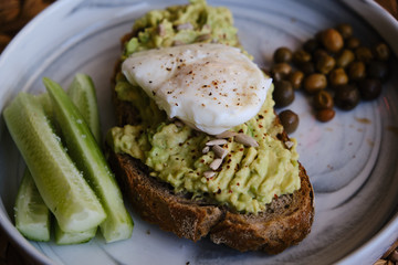 Avocado Toast with poached eggs. Delicious Breakfast