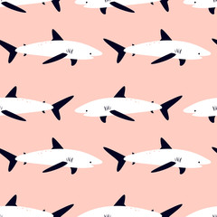 Seamless pattern with cute cartoon sea animals - shark. Art can be used for childish books, placard, postcard. Pink print