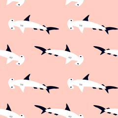 Seamless pattern with cute cartoon sea animals - hammerhead shark. Art can be used for childish books, placard, postcard. Pink print