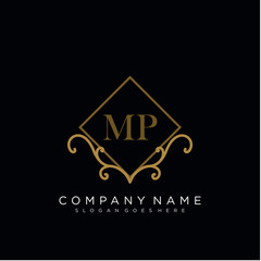 Initial letter MP logo luxury vector mark, gold color elegant classical