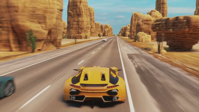 Speed Racing 3d Video Game Imitation. Sports Cars Compete On The Desert Road With Rocks. Gameplay Screen.