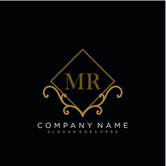 Initial letter MR logo luxury vector mark, gold color elegant classical