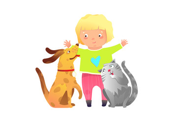 Blonde toddler girl hugging cat and dog playing together happy friends.