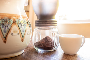 home coffee equipment on a wooden bench