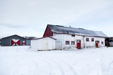 White, red and grey old barns seen in winter in the rural part of Saint-Augustin-de-Desmaures near Quebec City, Quebec, Canada