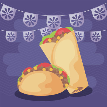 Mexican taco and burrito with banner pennant vector design