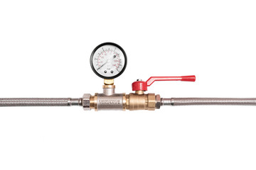 Pressure meter and water valve on a pipeline unit isolated on white background.
