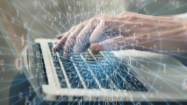 Chat gpt ai on computer, man programmer or hacker prints a code on a laptop keyboard. Man hands, black background, animation 3d motion design flying numbers and symbols - Powered by Adobe